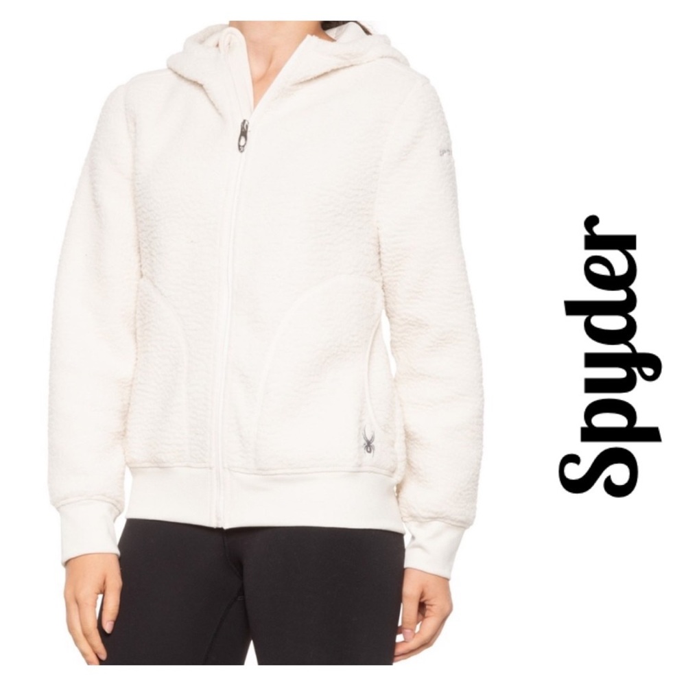 Spyder Off White Sherpa Fleece Hooded Zip Up Jacket Sz XL